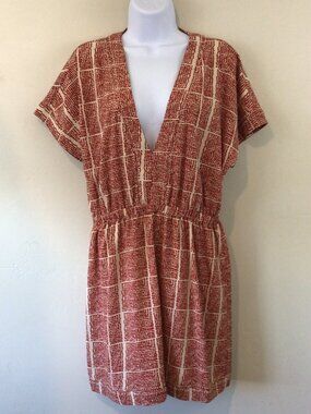 Tavik Red and White Print Beaded Trim Vneck Elastic Waist Midi Dress